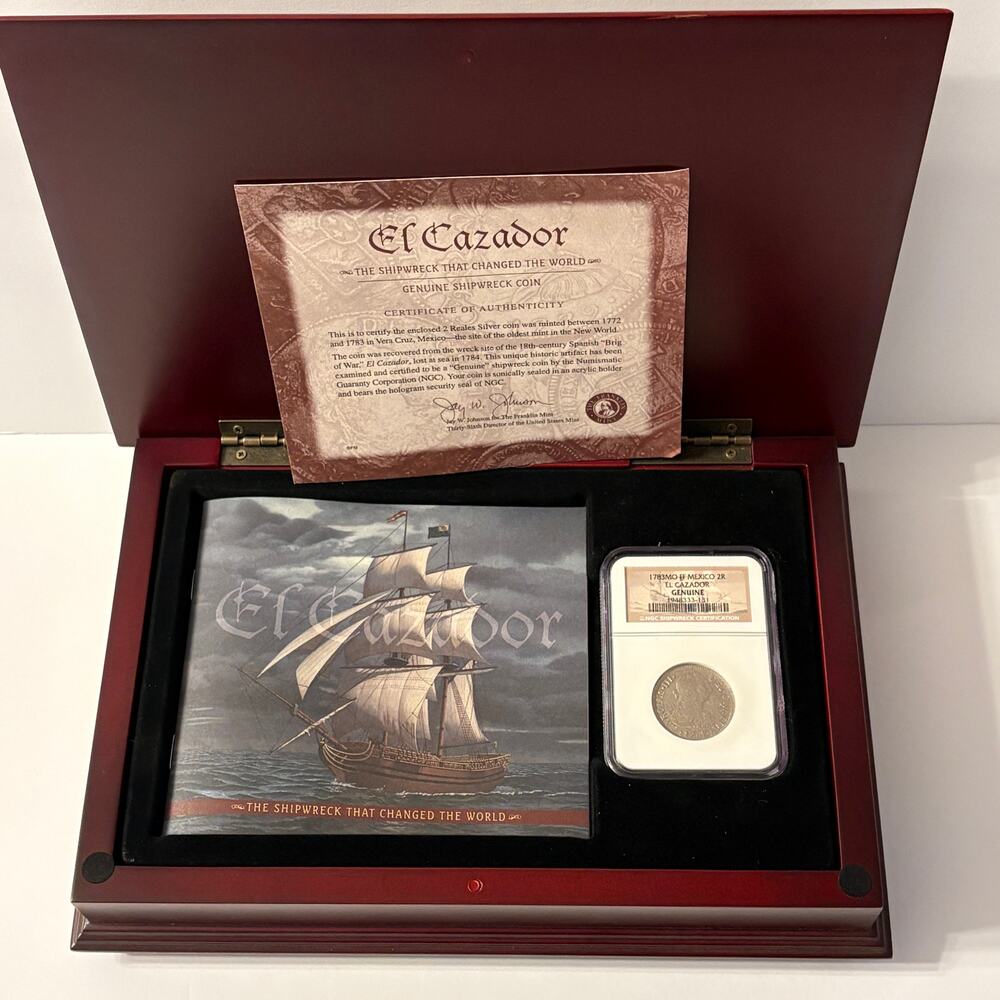 1783 Mexican 2 Reales Silver Shipwreck Coin El Cazador NGC Certified Display Box